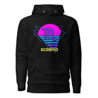 Scorpio zodiac retro 80s graphic pullover hoodie, black with purple design, unisex astrology apparel, front flat lay