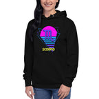 Person wearing Scorpio zodiac retro 80s graphic pullover hoodie in black with purple design, unisex astrology apparel