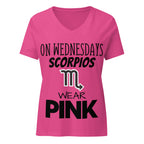 "On Wednesdays Scorpio Wears Pink" zodiac v-neck t-shirt, pink, women's astrology apparel, front flat lay