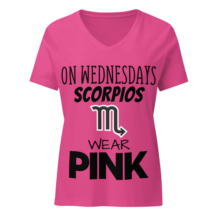 Pink t-shirt with black text and Scorpio symbol on a white background