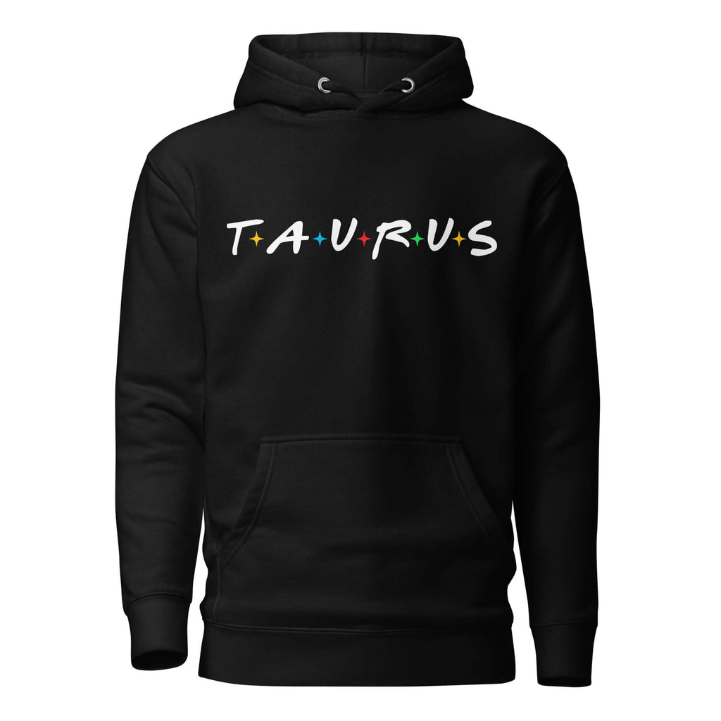 Taurus zodiac 90s nostalgia graphic pullover hoodie, black unisex relaxed fit, front flat lay