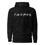 Taurus zodiac 90s nostalgia graphic pullover hoodie, black unisex relaxed fit, front flat lay