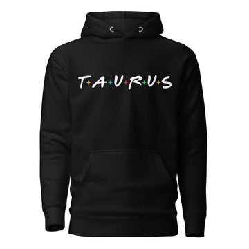 Taurus zodiac 90s nostalgia graphic pullover hoodie, black unisex relaxed fit, front flat lay