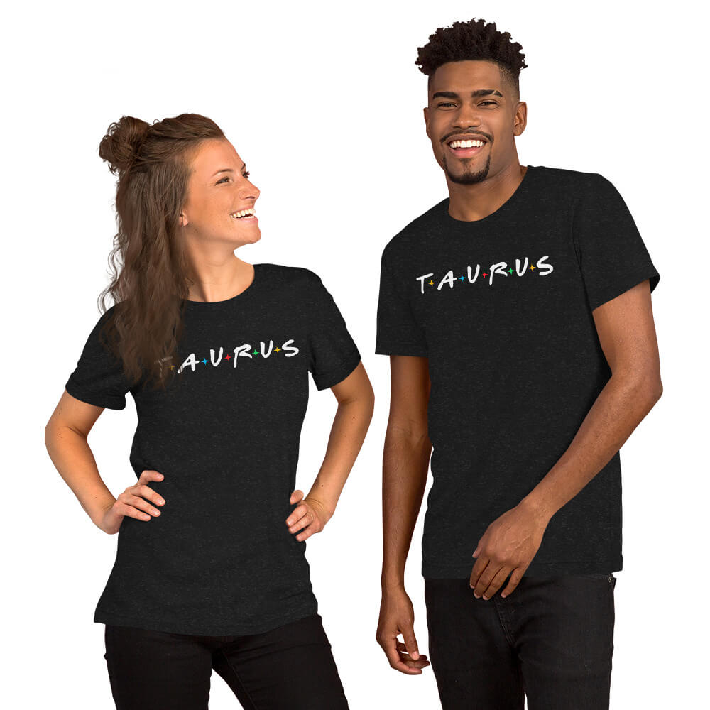 Two people wearing Taurus zodiac 90s nostalgia graphic t-shirts in black, lifestyle photo