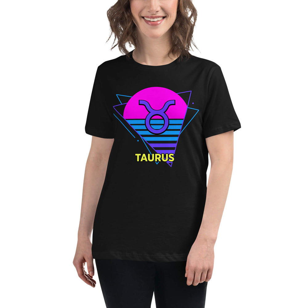 Person wearing a black t-shirt with a colorful Taurus symbol design on a white background