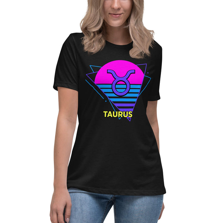 Person wearing a black t-shirt with Taurus zodiac sign design on a white background