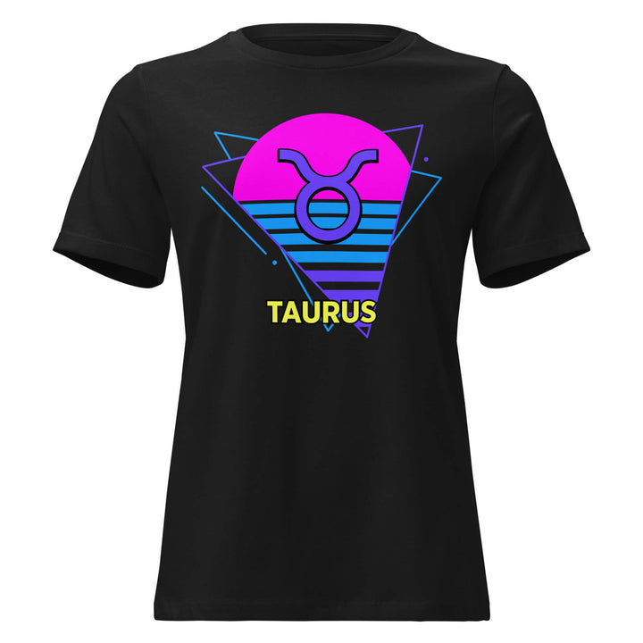 Taurus retro 80s zodiac t-shirt with pink sun design on black shirt – flat product mockup