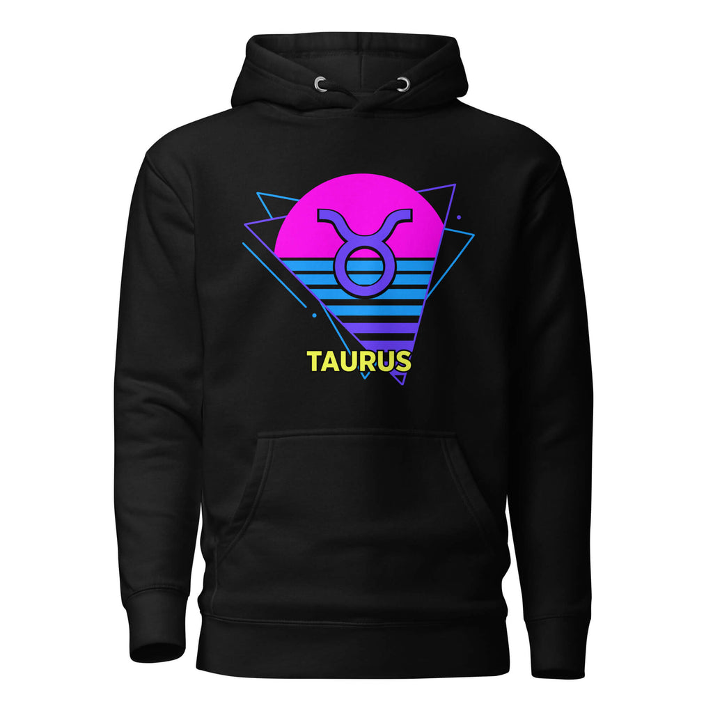 Taurus zodiac retro 80s graphic pullover hoodie, black with purple design, unisex astrology apparel, front flat lay