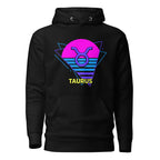 Taurus zodiac retro 80s graphic pullover hoodie, black with purple design, unisex astrology apparel, front flat lay