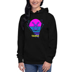 Person wearing Taurus zodiac retro 80s graphic pullover hoodie in black with purple design, unisex astrology apparel