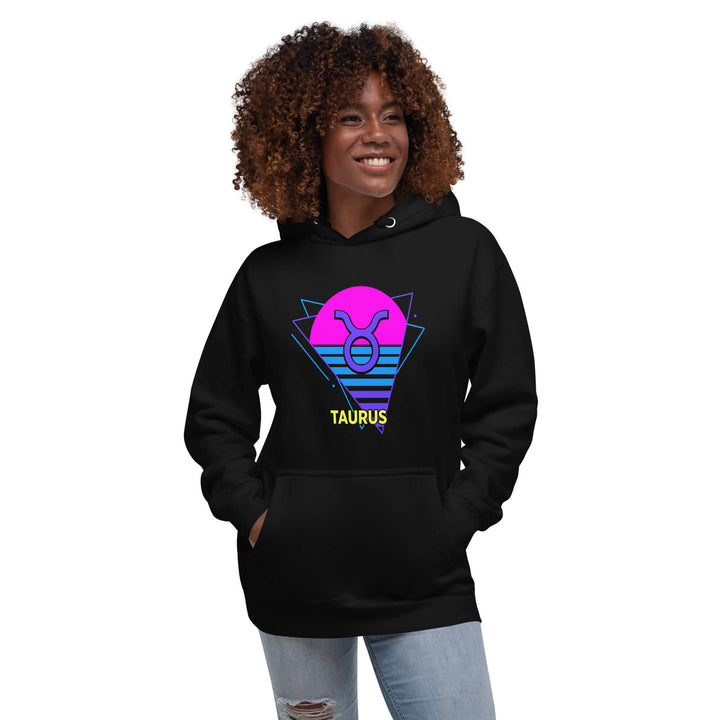 Person wearing a black hoodie with Aquarius design on a white background