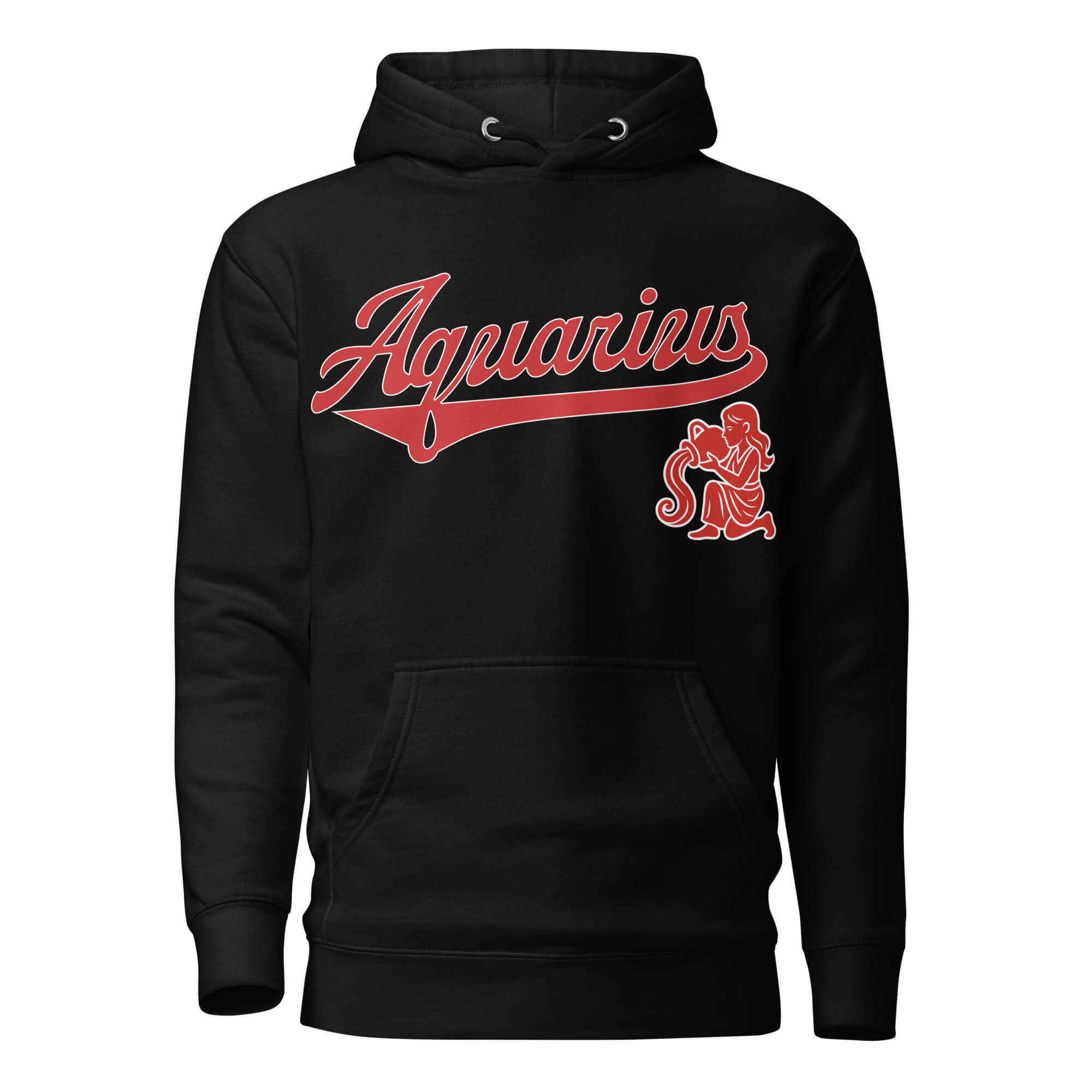 Aquarius zodiac sports graphic hoodie, black with red ink, unisex athletic astrology apparel, front flat lay