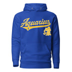 Aquarius zodiac sports graphic hoodie, blue with gold ink, unisex athletic astrology apparel, front flat lay