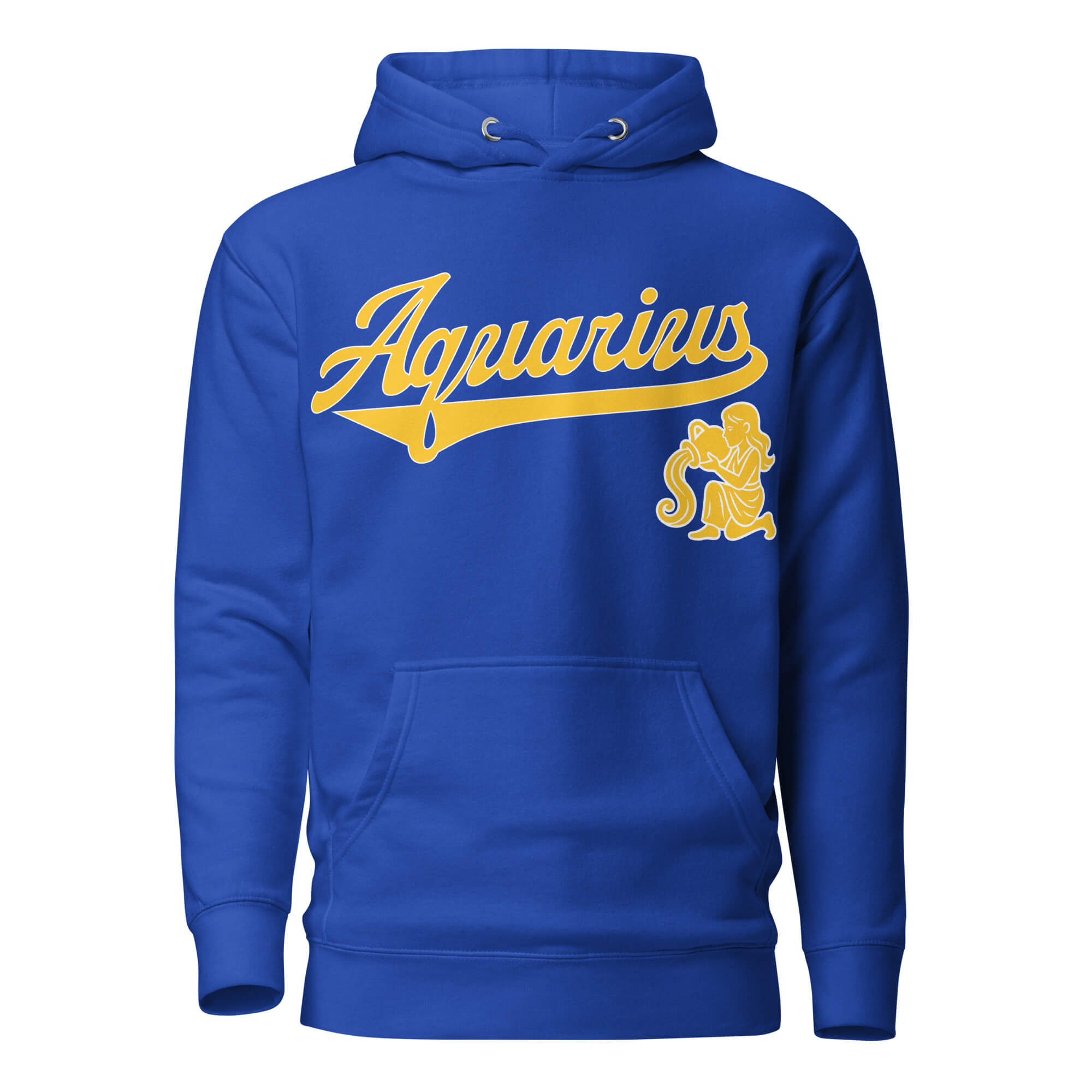 Aquarius zodiac sports graphic hoodie, blue with gold ink, unisex athletic astrology apparel, front flat lay