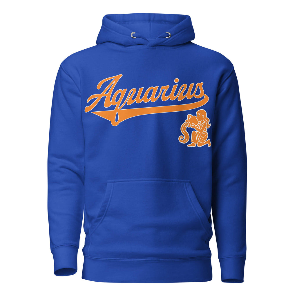 Aquarius zodiac sports graphic hoodie, blue with orange ink, unisex athletic astrology apparel, front flat lay