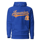 Aquarius zodiac sports graphic hoodie, blue with orange ink, unisex athletic astrology apparel, front flat lay
