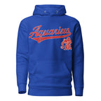 Aquarius zodiac sports graphic hoodie, blue with red ink, unisex athletic astrology apparel, front flat lay