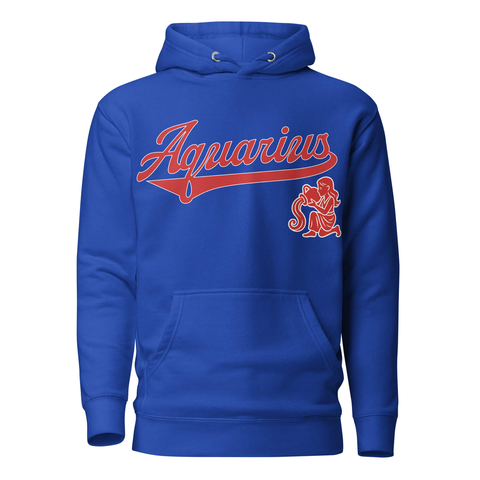 Aquarius zodiac sports graphic hoodie, blue with red ink, unisex athletic astrology apparel, front flat lay