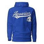 Aquarius zodiac sports graphic hoodie, blue with white ink, unisex athletic astrology apparel, front flat lay
