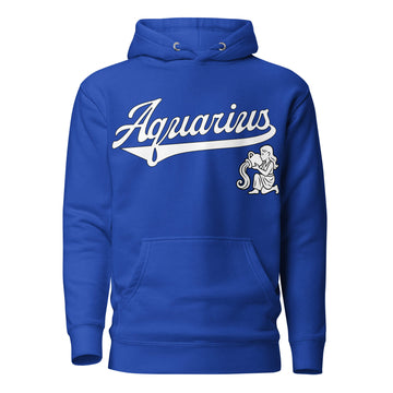 Aquarius zodiac sports graphic hoodie, blue with white ink, unisex athletic astrology apparel, front flat lay