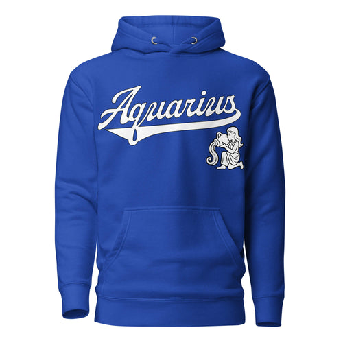 Aquarius zodiac sports graphic hoodie, blue with white ink, unisex athletic astrology apparel, front flat lay