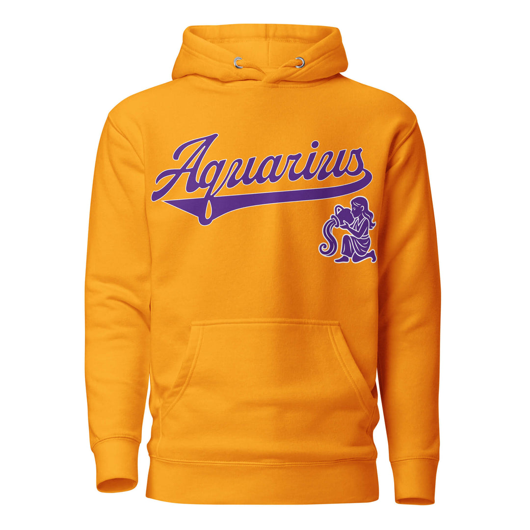 Aquarius zodiac sports graphic hoodie, gold with purple ink, unisex athletic astrology apparel, front flat lay