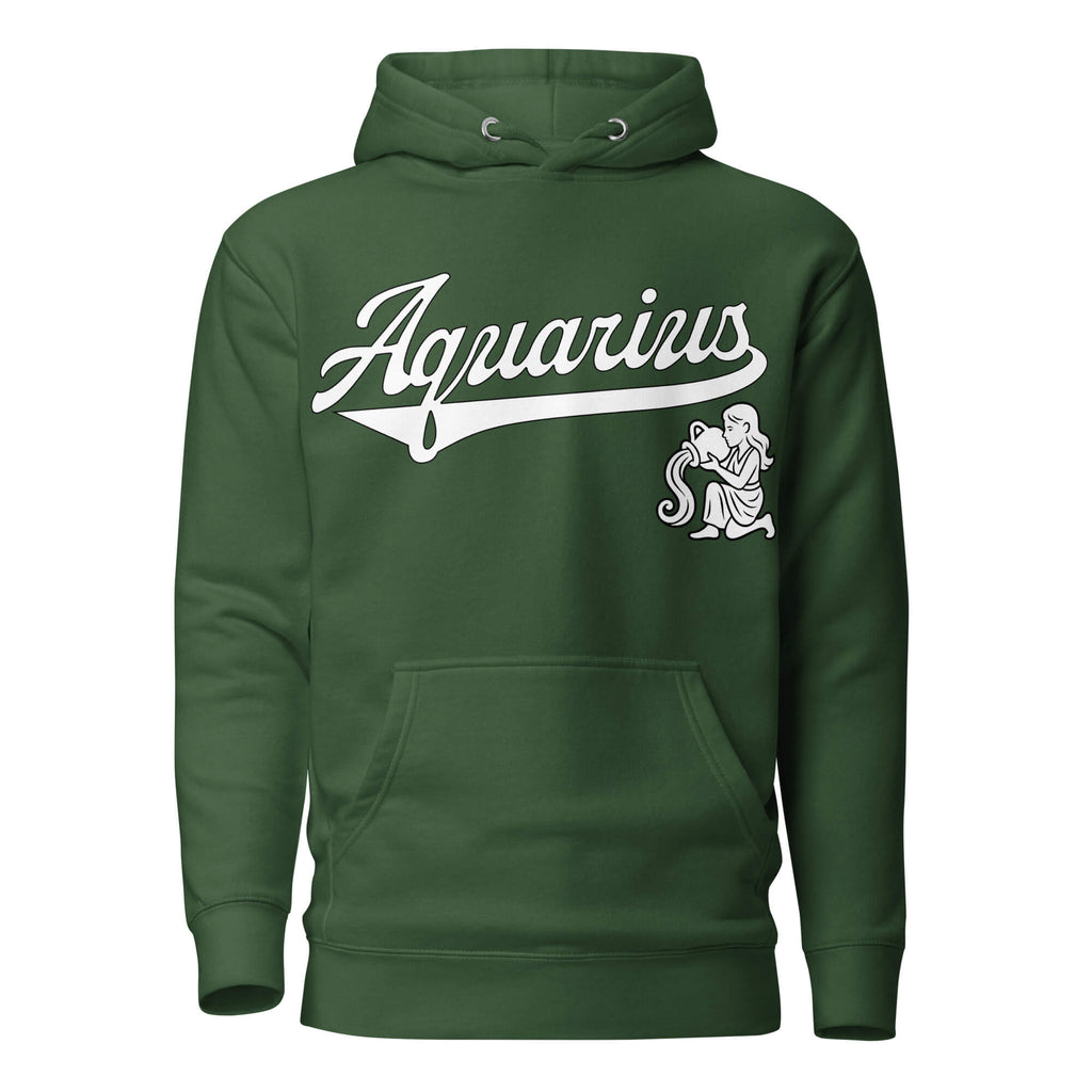 Aquarius zodiac sports graphic hoodie, green with white ink, unisex athletic astrology apparel, front flat lay
