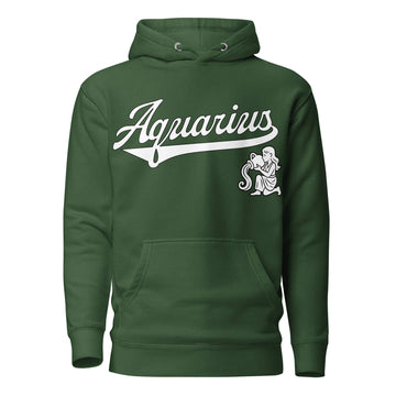 Aquarius zodiac sports graphic hoodie, green with white ink, unisex athletic astrology apparel, front flat lay