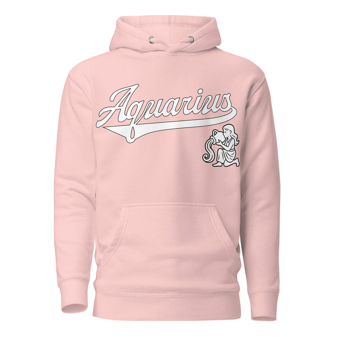 Aquarius zodiac sports graphic hoodie, pink with white ink, unisex athletic astrology apparel, front flat lay