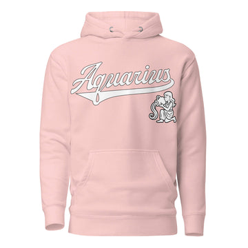 Aquarius zodiac sports graphic hoodie, pink with white ink, unisex athletic astrology apparel, front flat lay
