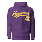 Aquarius zodiac sports graphic hoodie, purple with gold ink, unisex athletic astrology apparel, front flat lay