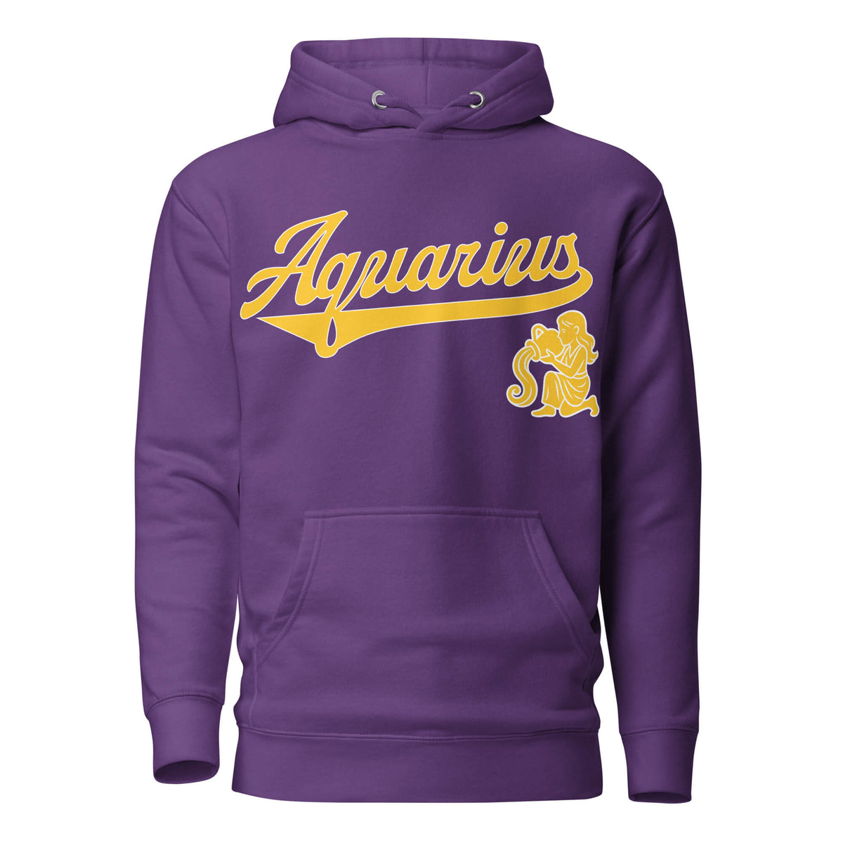 Aquarius zodiac sports graphic hoodie, purple with gold ink, unisex athletic astrology apparel, front flat lay