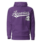 Aquarius zodiac sports graphic hoodie, purple with white ink, unisex athletic astrology apparel, front flat lay