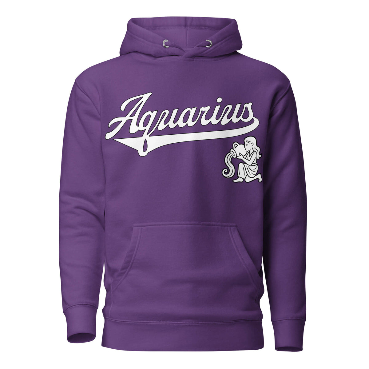 Aquarius zodiac sports graphic hoodie, purple with white ink, unisex athletic astrology apparel, front flat lay