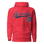 Aquarius zodiac sports graphic hoodie, red with blue ink, unisex athletic astrology apparel, front flat lay