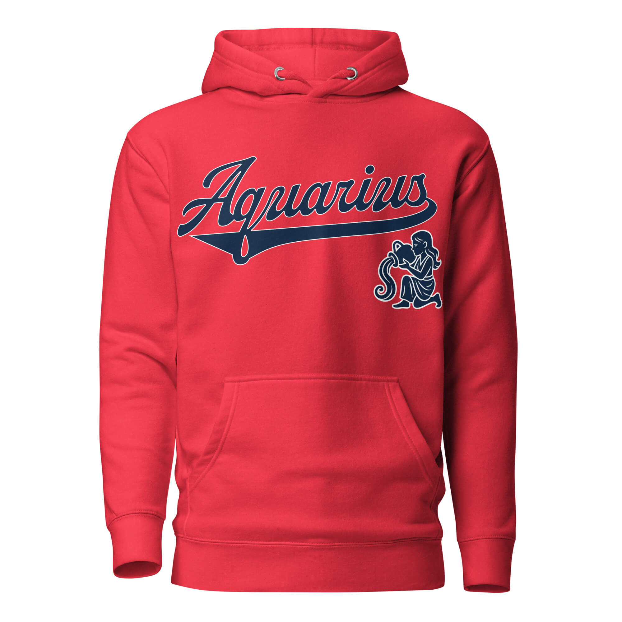 Aquarius zodiac sports graphic hoodie, red with blue ink, unisex athletic astrology apparel, front flat lay