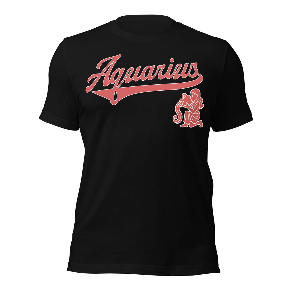 Aquarius zodiac sports graphic t-shirt, black with red ink, unisex athletic astrology apparel, front flat lay