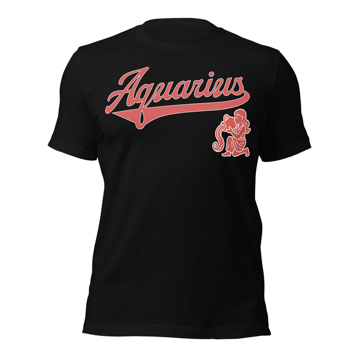 Aquarius zodiac sports graphic t-shirt, black with red ink, unisex athletic astrology apparel, front flat lay