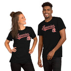 Two people wearing black t-shirts with an Aquarius graphic design on a white background