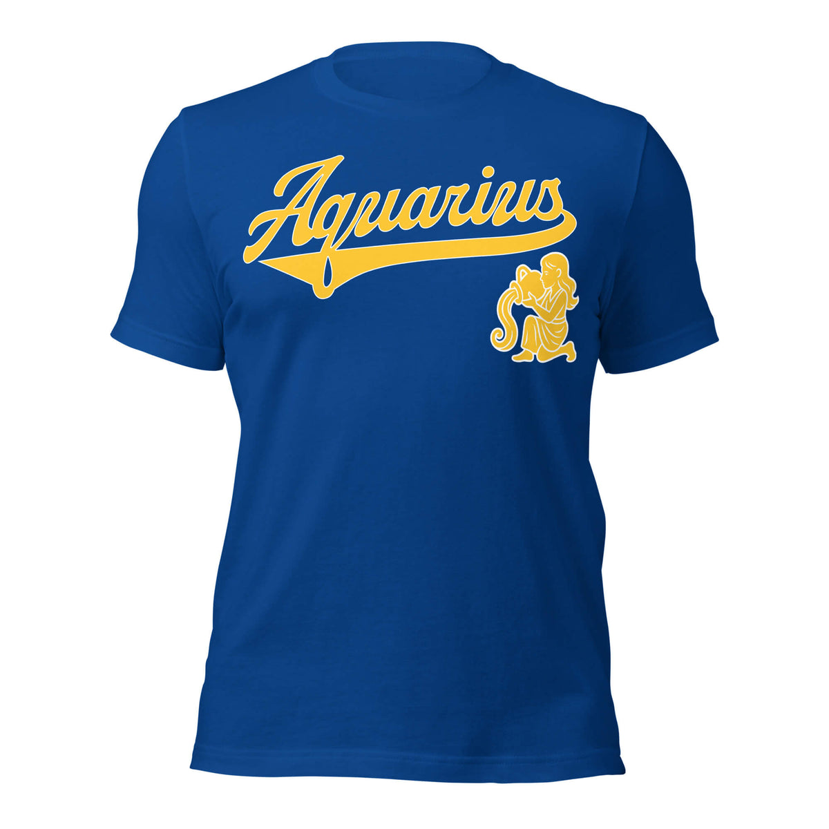Aquarius zodiac sports graphic t-shirt, blue with gold ink, unisex athletic astrology apparel, front flat lay