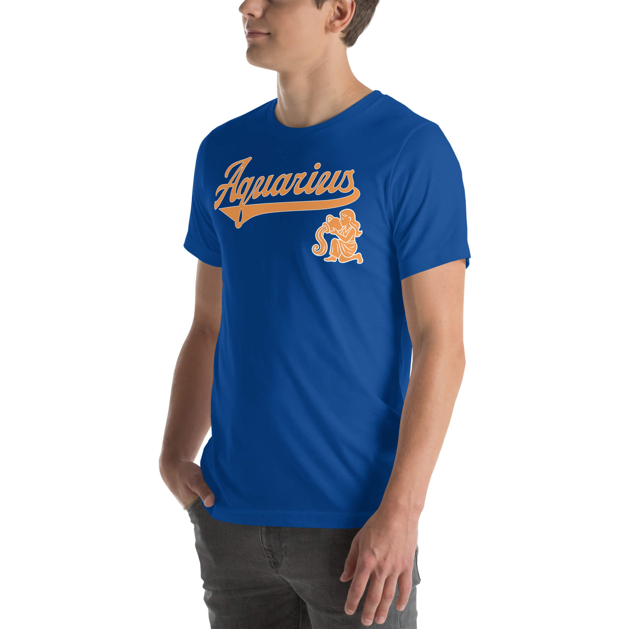 A man wearing a royal blue crewneck t-shirt with a vintage-style orange 'Aquarius' graphic and a zodiac sign on the chest, set against a plain white background.