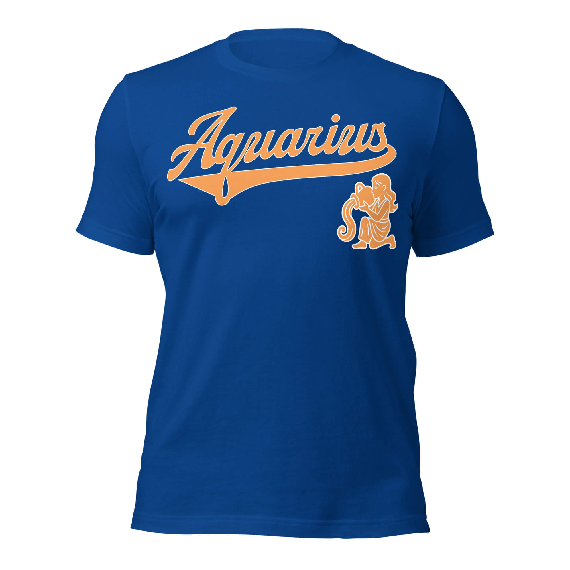 Aquarius zodiac sports graphic t-shirt, blue with orange ink, unisex athletic astrology apparel, front flat lay