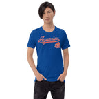 Person wearing a blue t-shirt with 'Aquarius' logo on a white background