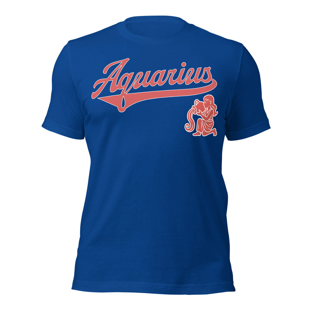 Aquarius zodiac sports graphic t-shirt, blue with red ink, unisex athletic astrology apparel, front flat lay