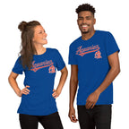 A man and a woman modeling matching royal blue short-sleeve t-shirts with a red and white 'Aquarius' script and a small mascot graphic on the chest, set against a plain white background.