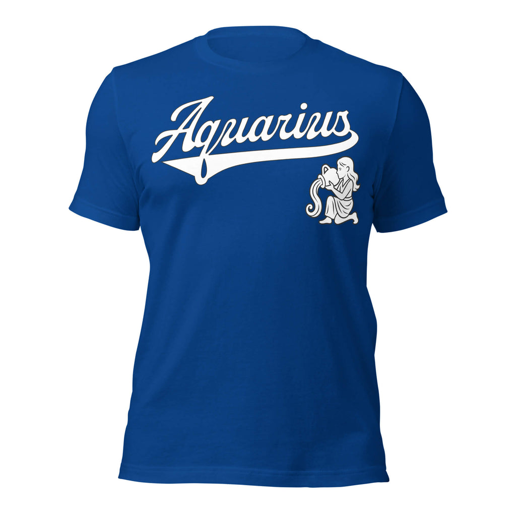 Aquarius zodiac sports graphic t-shirt, blue with white ink, unisex athletic astrology apparel, front flat lay