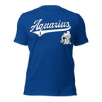 Aquarius zodiac sports graphic t-shirt, blue with white ink, unisex athletic astrology apparel, front flat lay