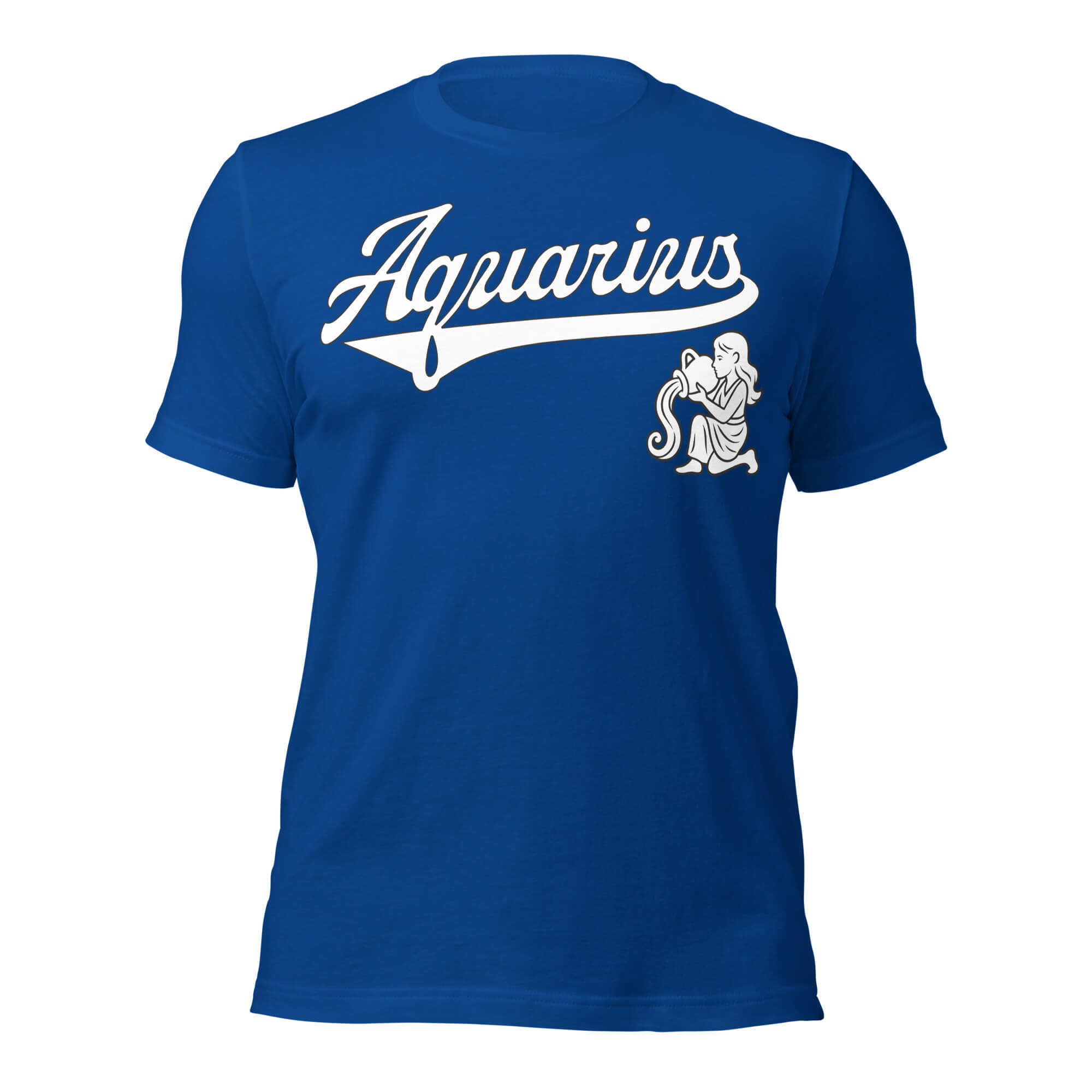 Aquarius zodiac sports graphic t-shirt, blue with white ink, unisex athletic astrology apparel, front flat lay