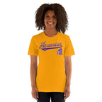 A smiling woman with curly dark hair wearing a gold short-sleeve t-shirt with a purple 'Aquarius' script and zodiac graphic on the chest, set against a plain white background.