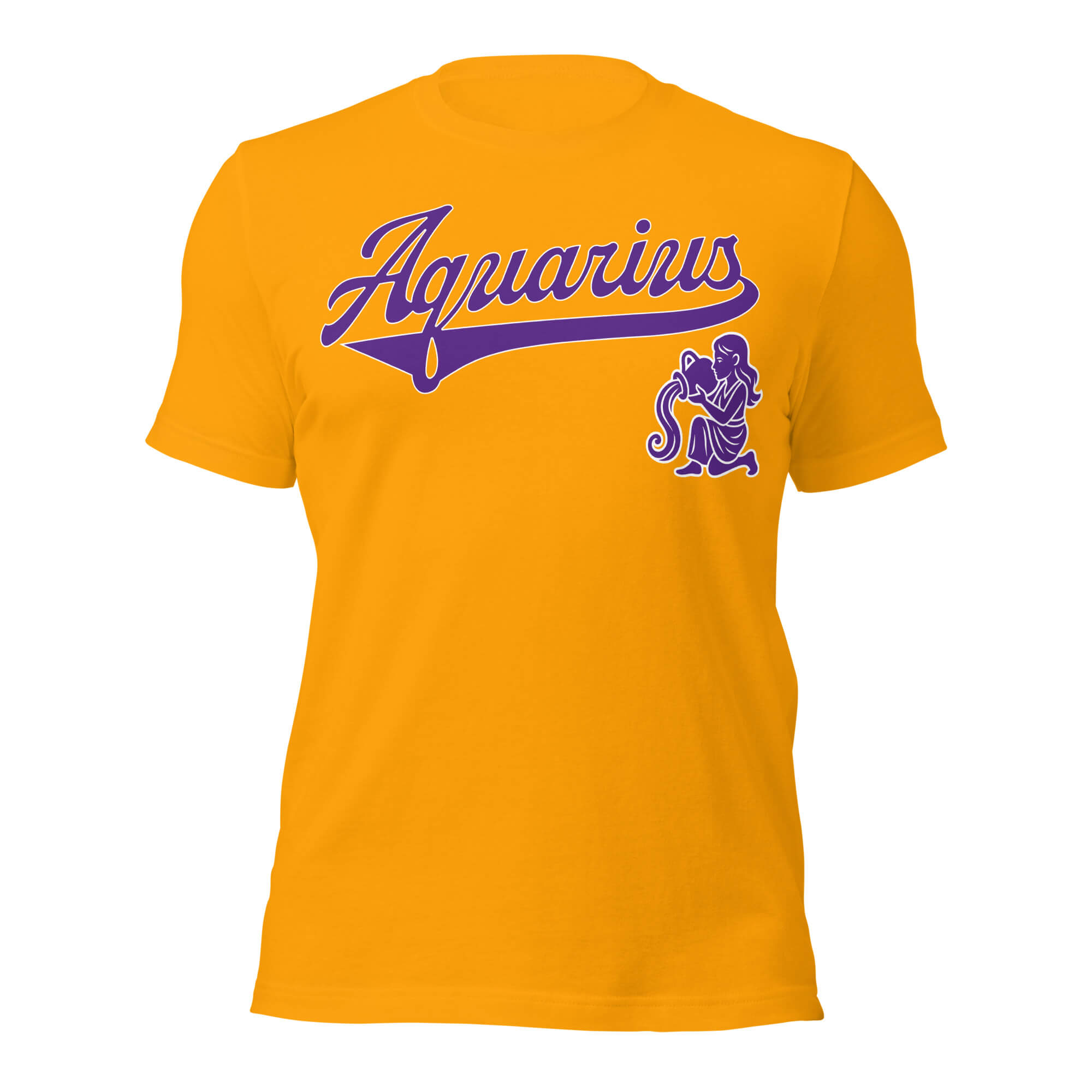 Aquarius zodiac sports graphic t-shirt, gold with purple ink, unisex athletic astrology apparel, front flat lay